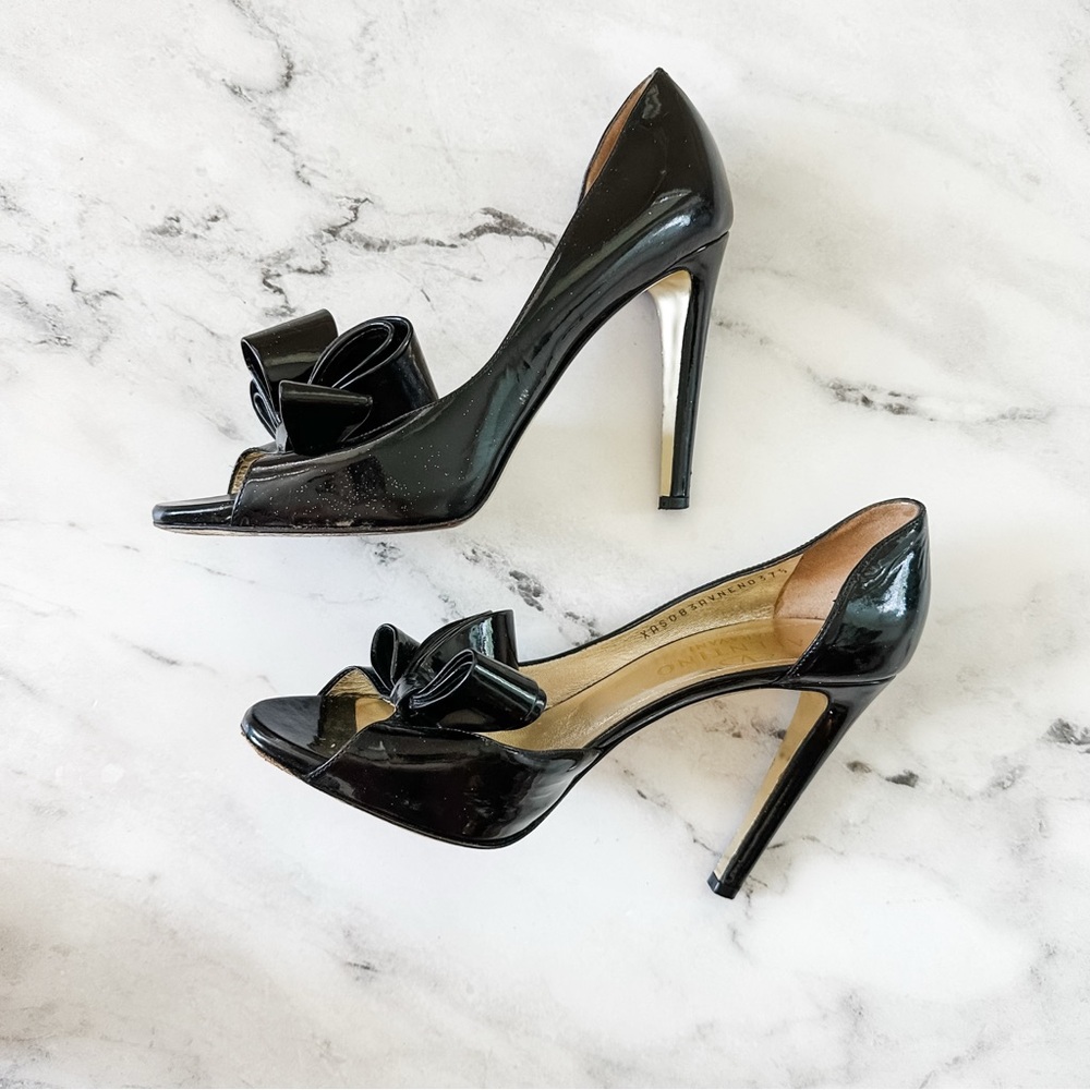 Valentino Garavani D'orsay Black Patent Bow Leather Open Toe Heels - Picture 9 of 11
